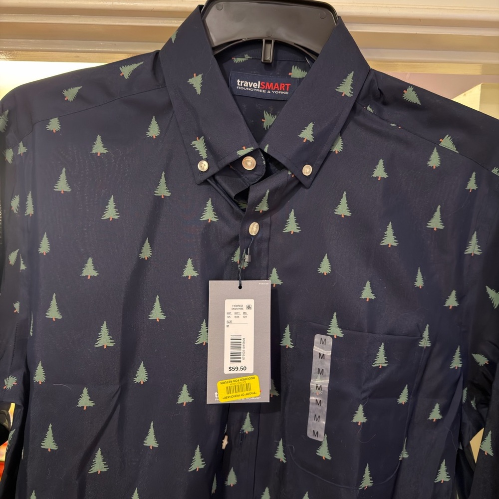 Roundtree & Yorke Dark Blue Pine Tree Print Shirt
